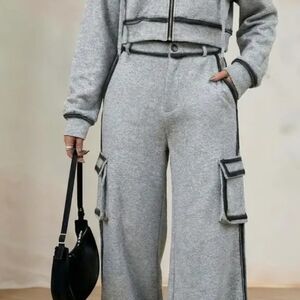 2pcs Set XL Size Gray & Black Patchwork Hoodie + Cargo Wide-Leg Pan